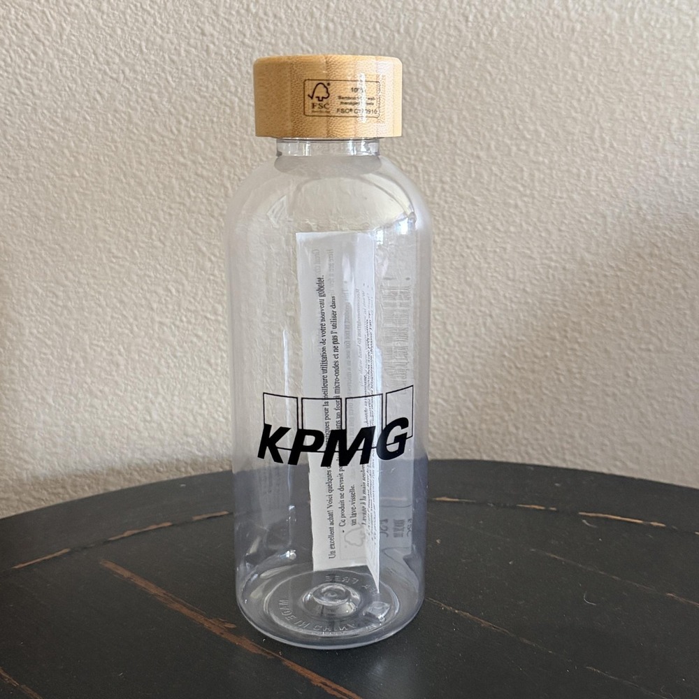 KPMG Clear Plastic Water Bottle Bamboo Screw Lid FSC Logo Reusable Round